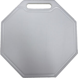 Top-down view of a 1/2-inch thick gray HDPE Octagon Cutting Board, complete with a dripwell and handle for enhanced utility.