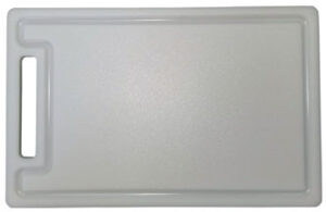 Top-down view of a 1/2-inch thick gray HDPE cutting board, featuring a dripwell and handle for added functionality.